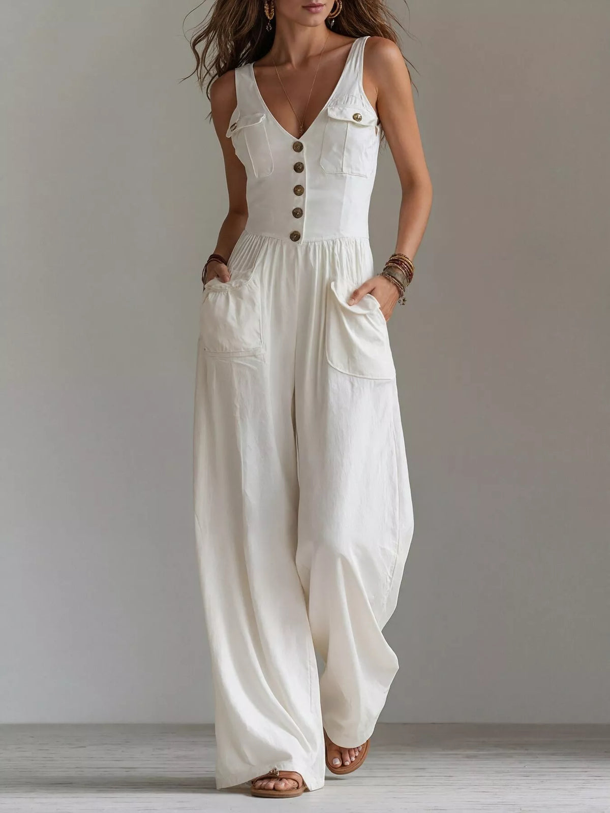 Sleeveless Button-Front Jumpsuit in White