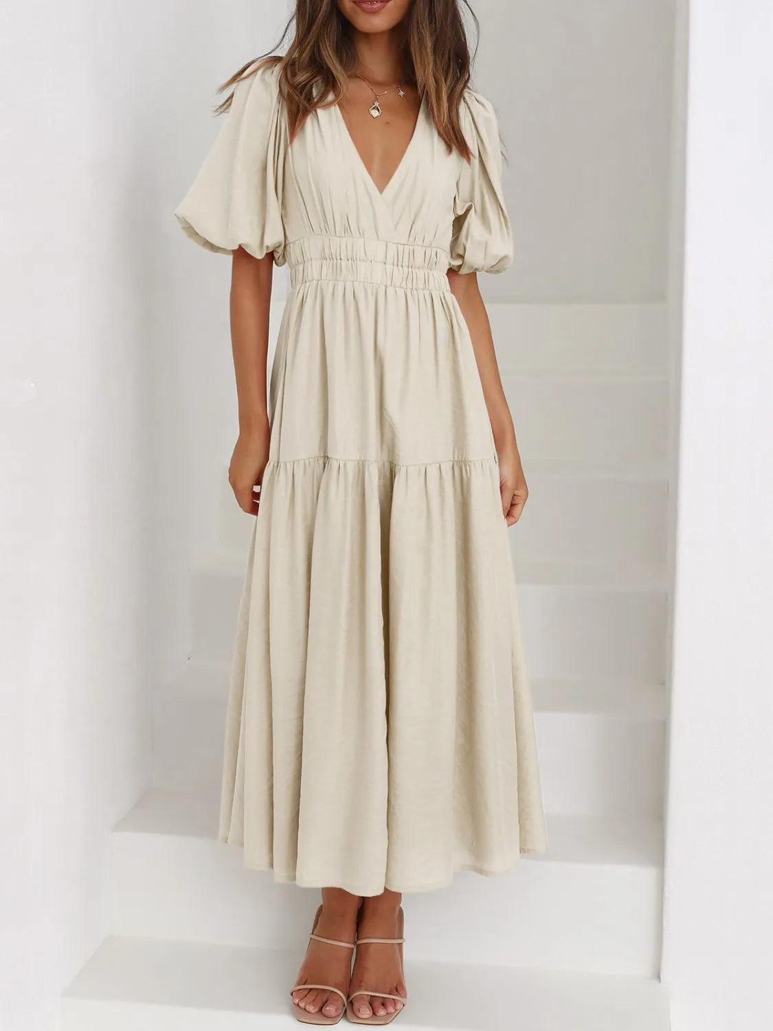 V-Neck Puff Sleeve Ruched Midi Dress