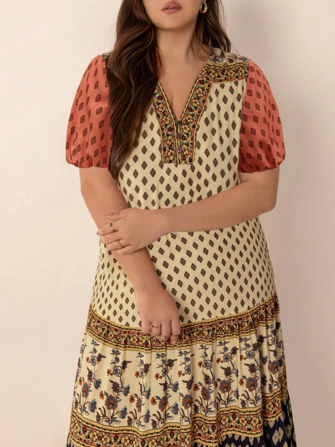 Ruched Short Sleeve Plus Size Midi Dress in Tan
