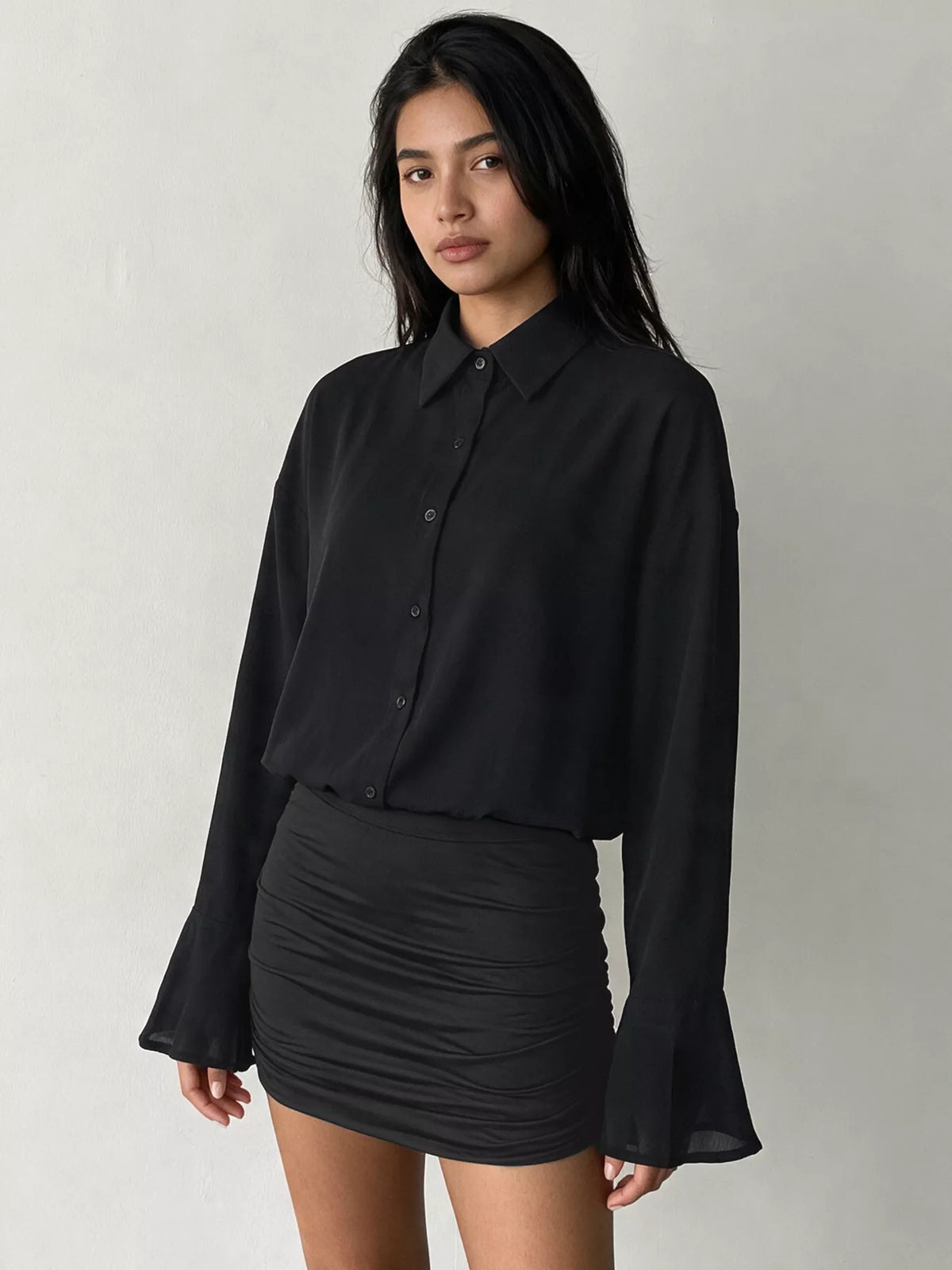 Button-Front Flounce-Sleeve Shirt Dress in Black