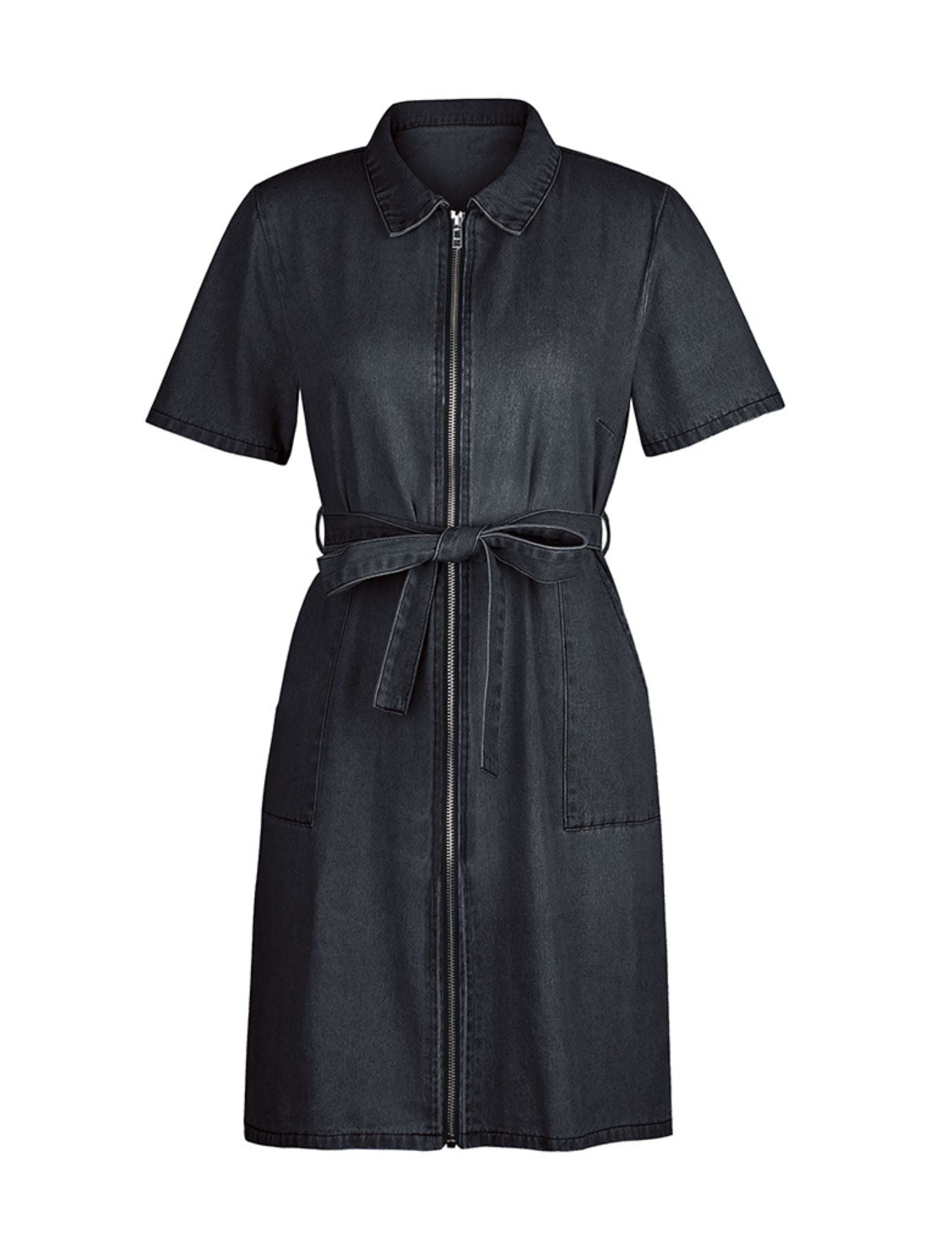 Zip-Front Short Sleeve Denim Dress by Yolan House