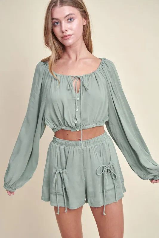 Gauze Button Top & Short Set in Dusty Sage