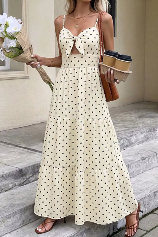 Polka Dot Tie-Front Cutout Maxi Dress in Cream