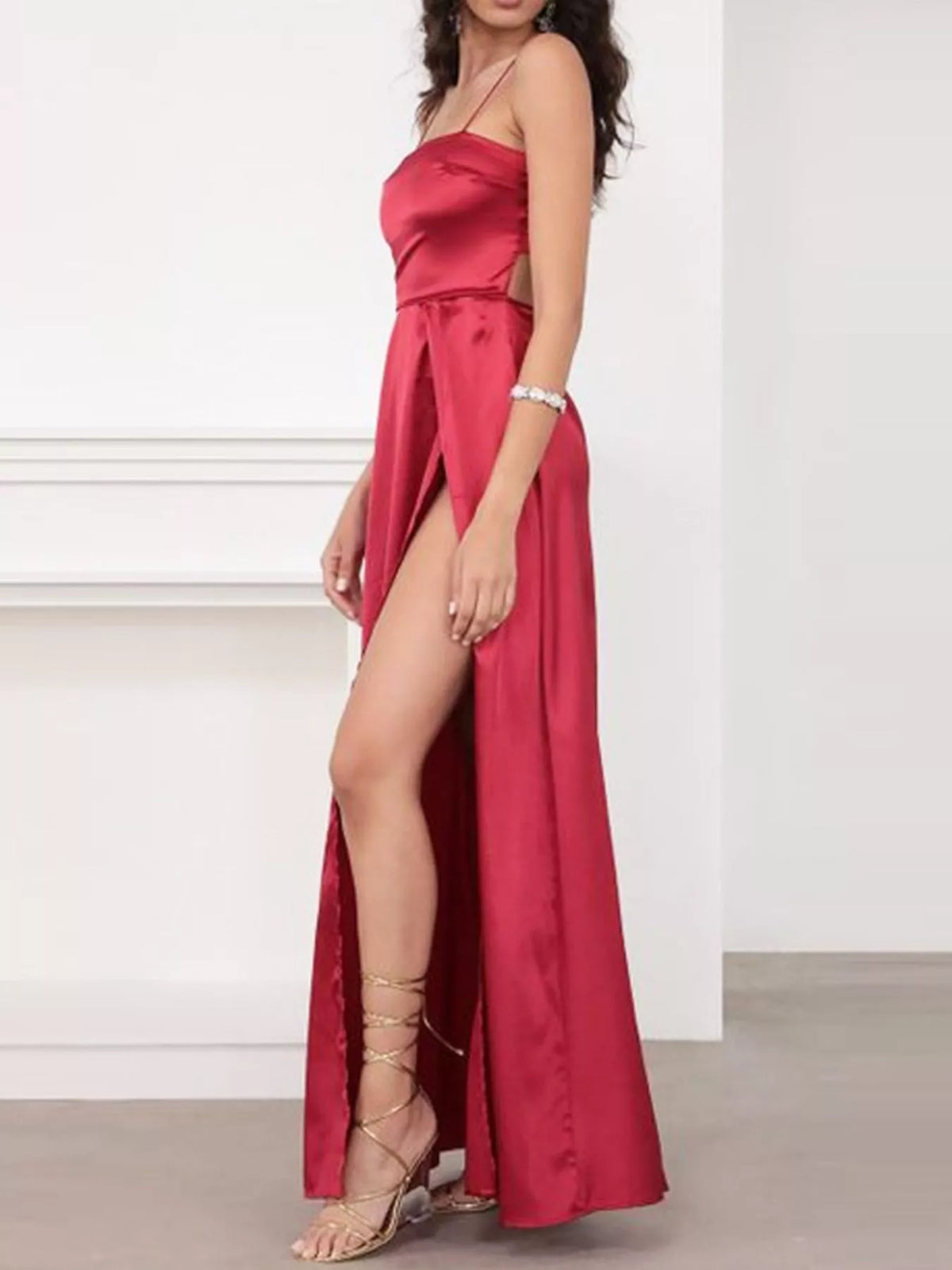 Tied Spaghetti Strap High-Slit Maxi Dress