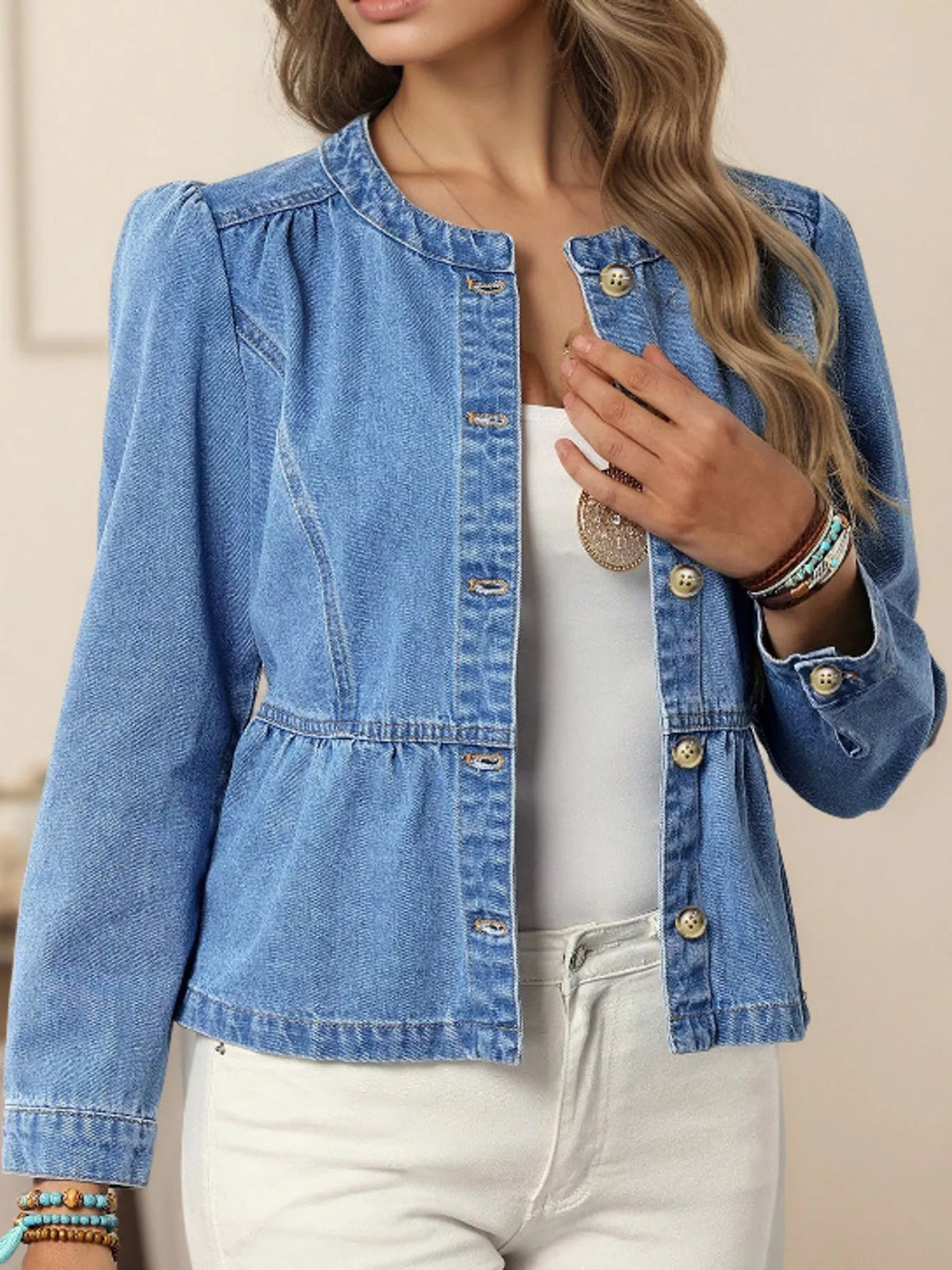 Peplum Denim Shirt in Blue