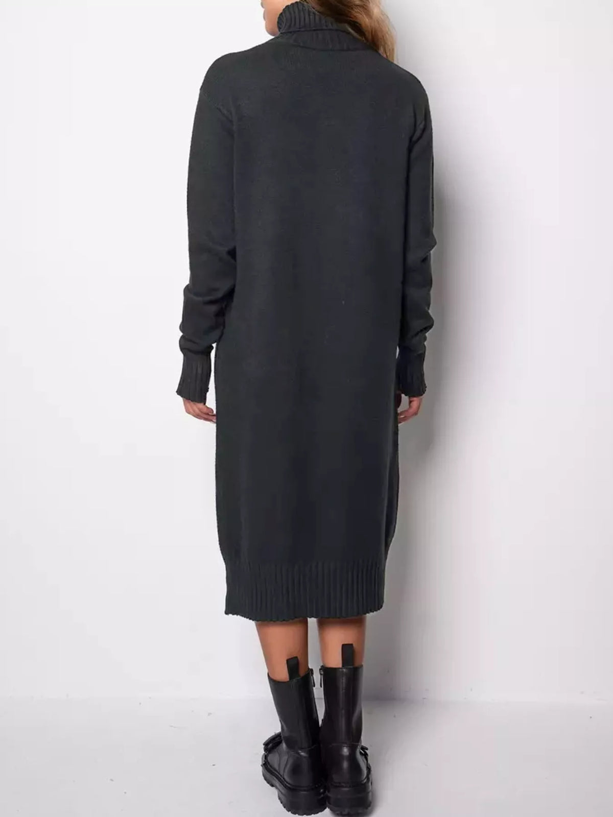 Relaxed Fit Turtleneck Ribbed Knit Sweater Dress