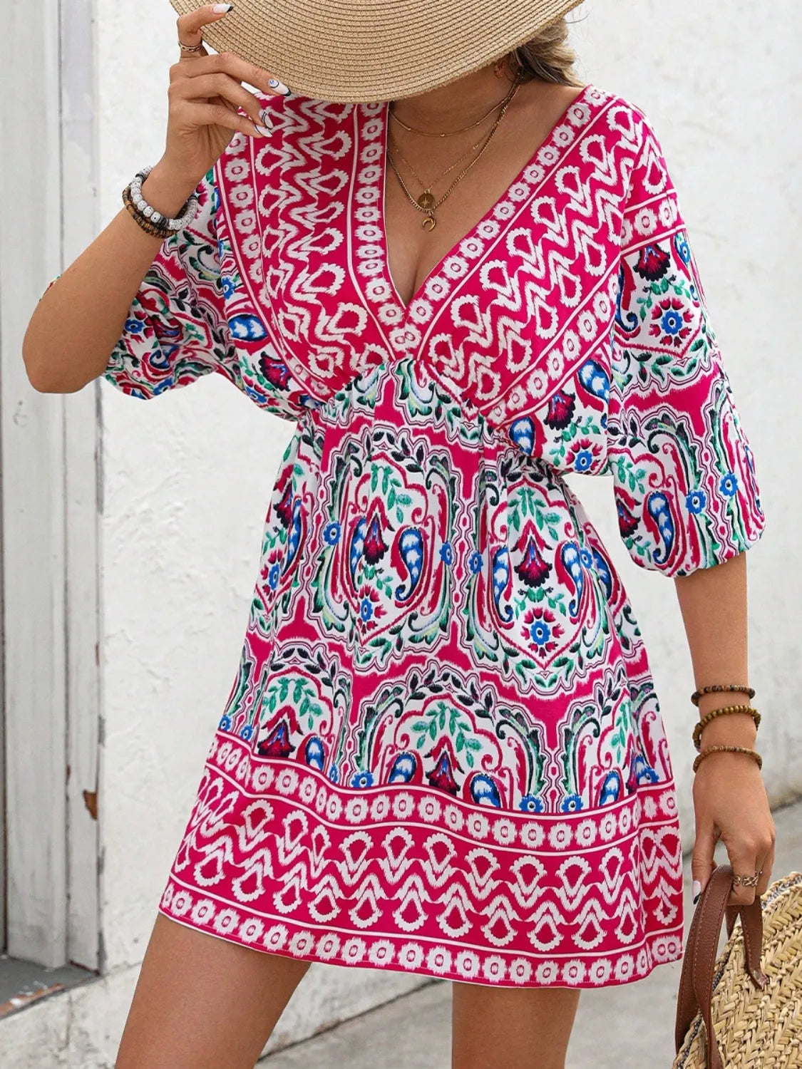 Printed Tie-Back Mini Dress in Hot Pink