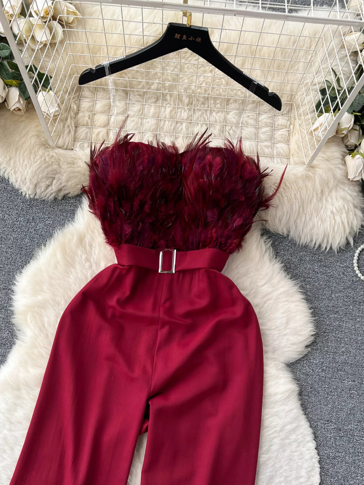 Feather-Trim Strapless Wide Leg Jumpsuit