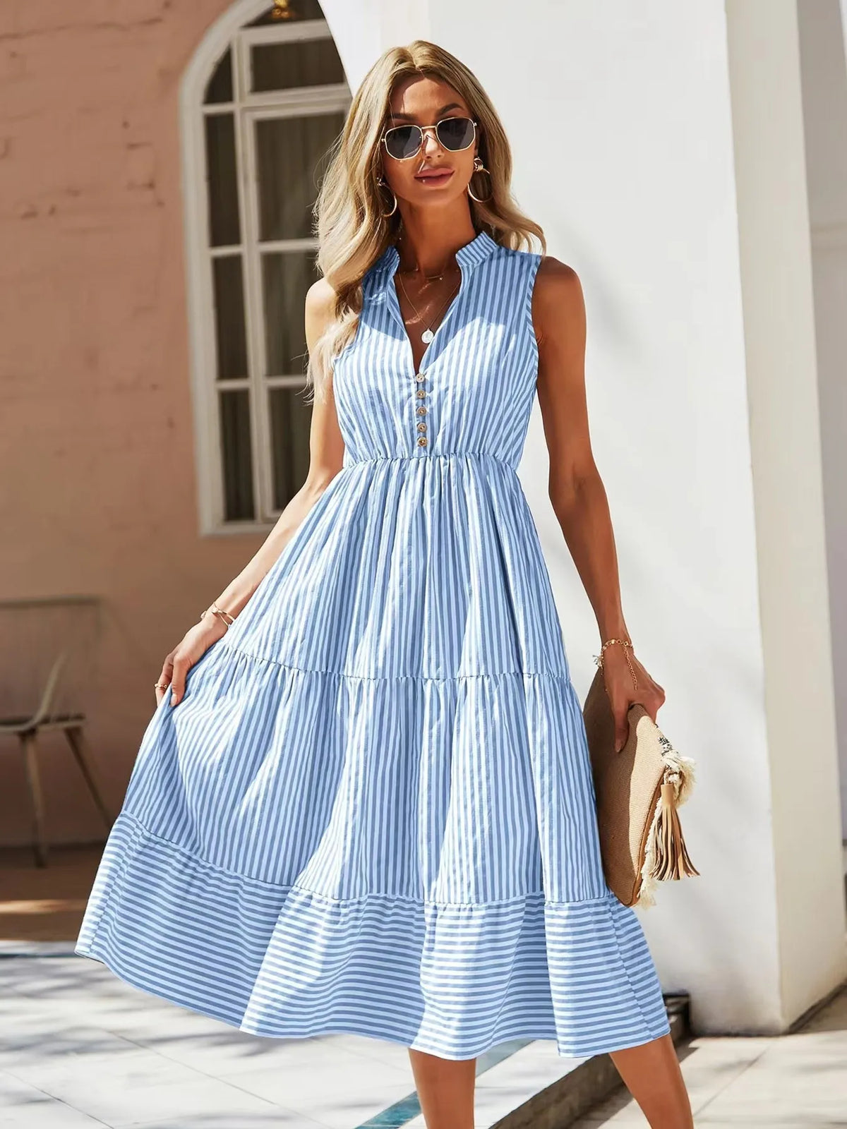 Striped Sleeveless Tiered Midi Dress by Elaine