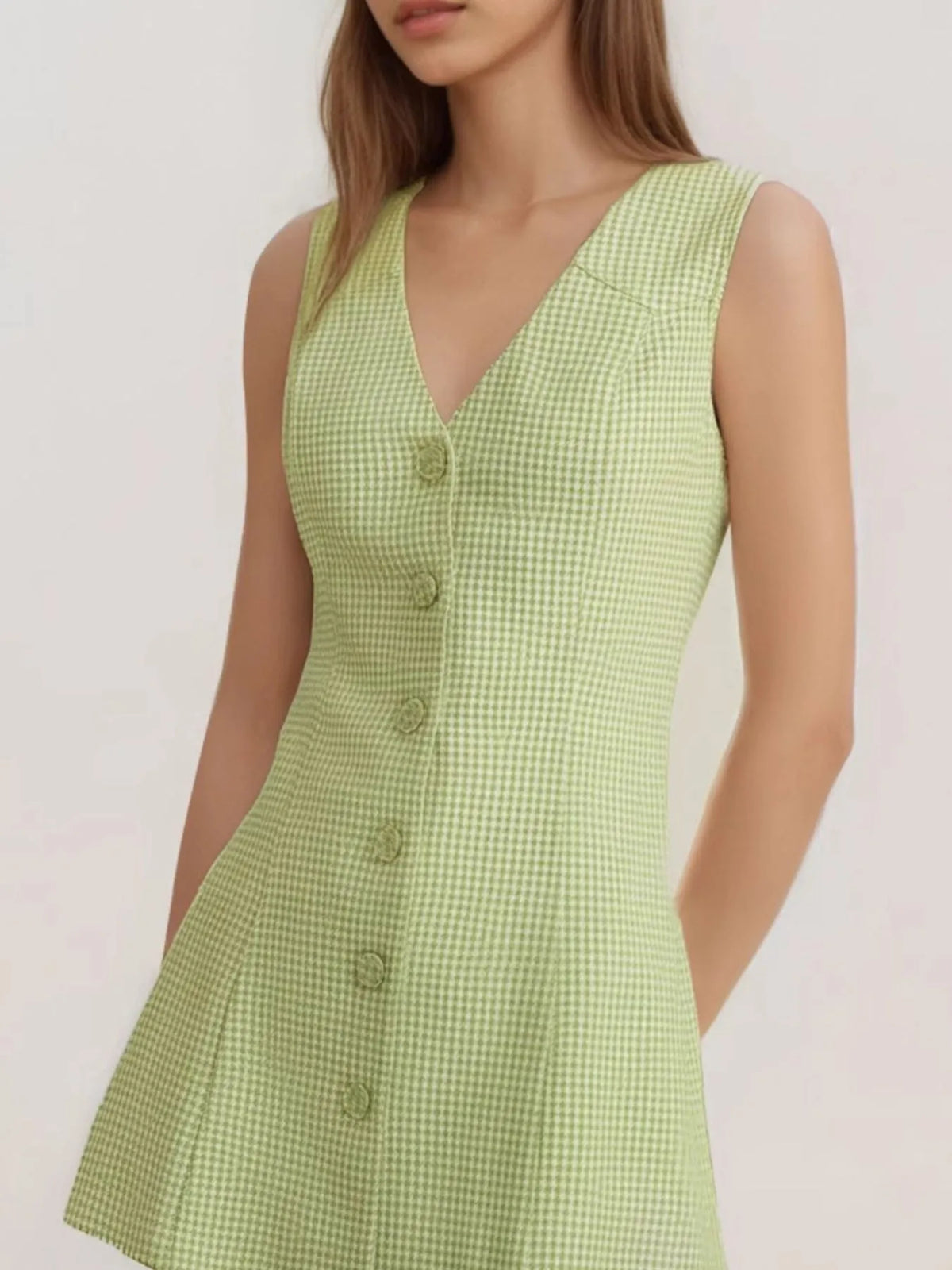 Gingham Button-Front A-Line Mini Dress in Matcha in Matcha Color