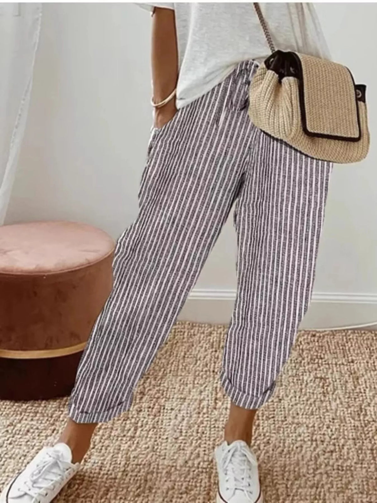 Striped Drawstring Cropped Pants