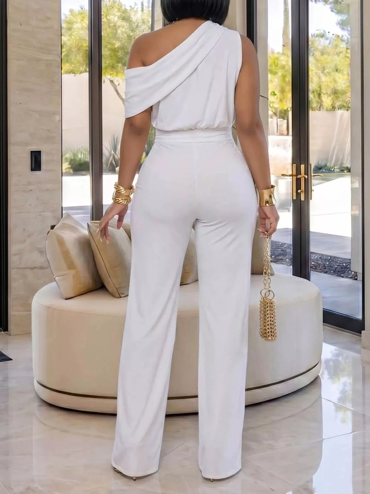One-Shoulder Draped Wide-Leg Jumpsuit