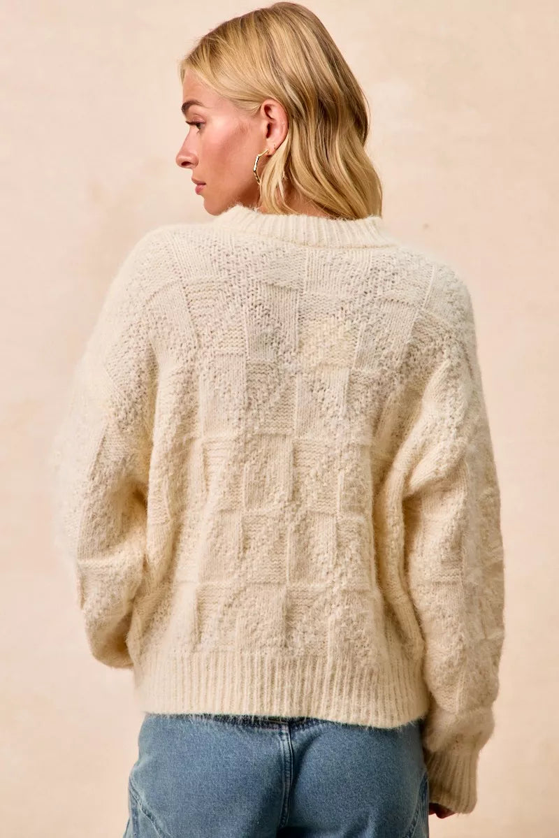 Checkerboard Drop Shoulder Sweater in Ivory by BiBi