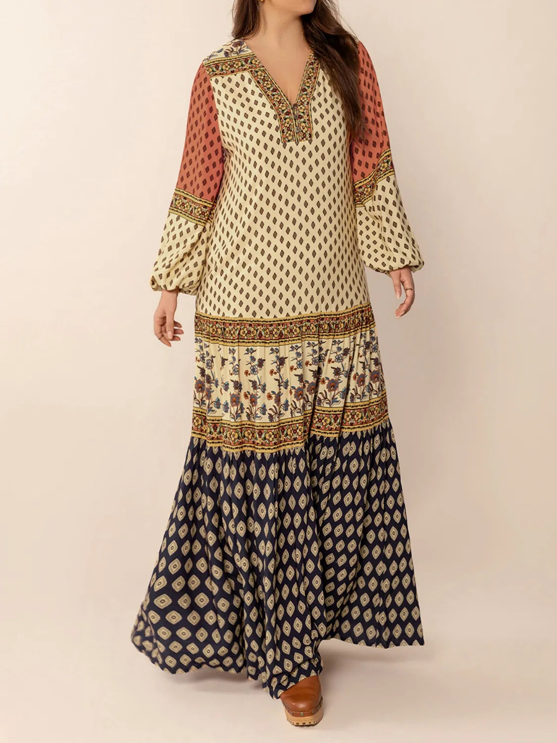 Printed V-Neck Balloon Sleeve Maxi Dress in Khaki