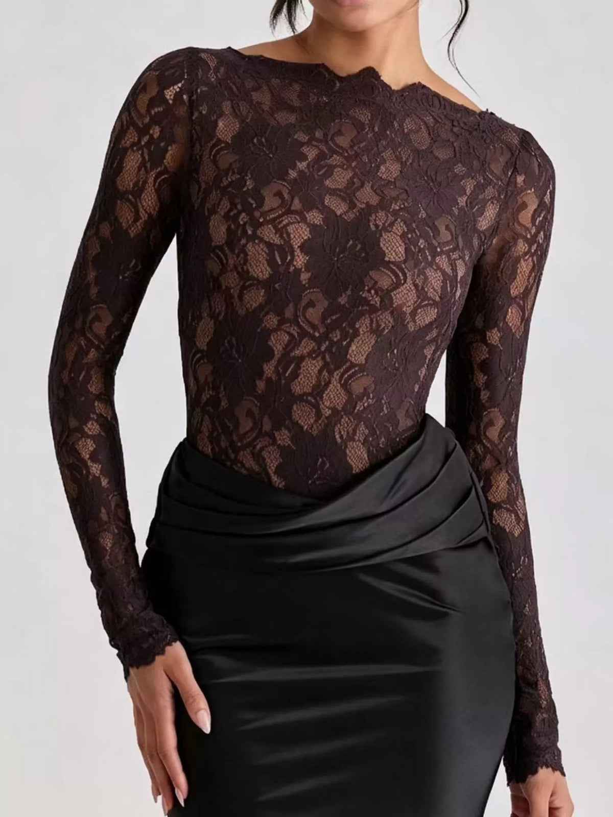 Long-Sleeve Lace and Satin Patchwork Maxi Dress
