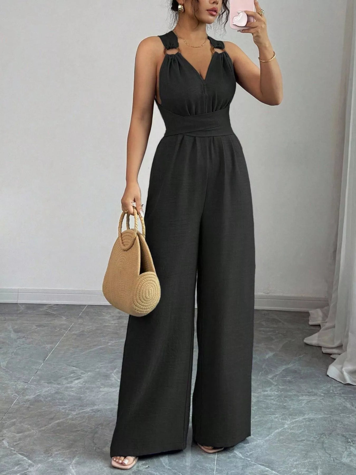Sleeveless V-Neck Wide-Leg Jumpsuit with O-Ring Detail
