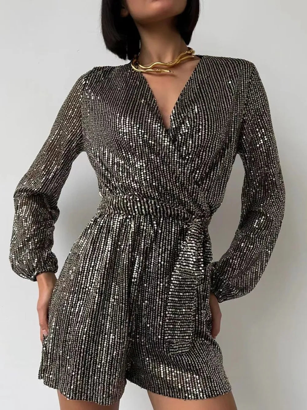 Sequin Surplice Tie Waist Romper
