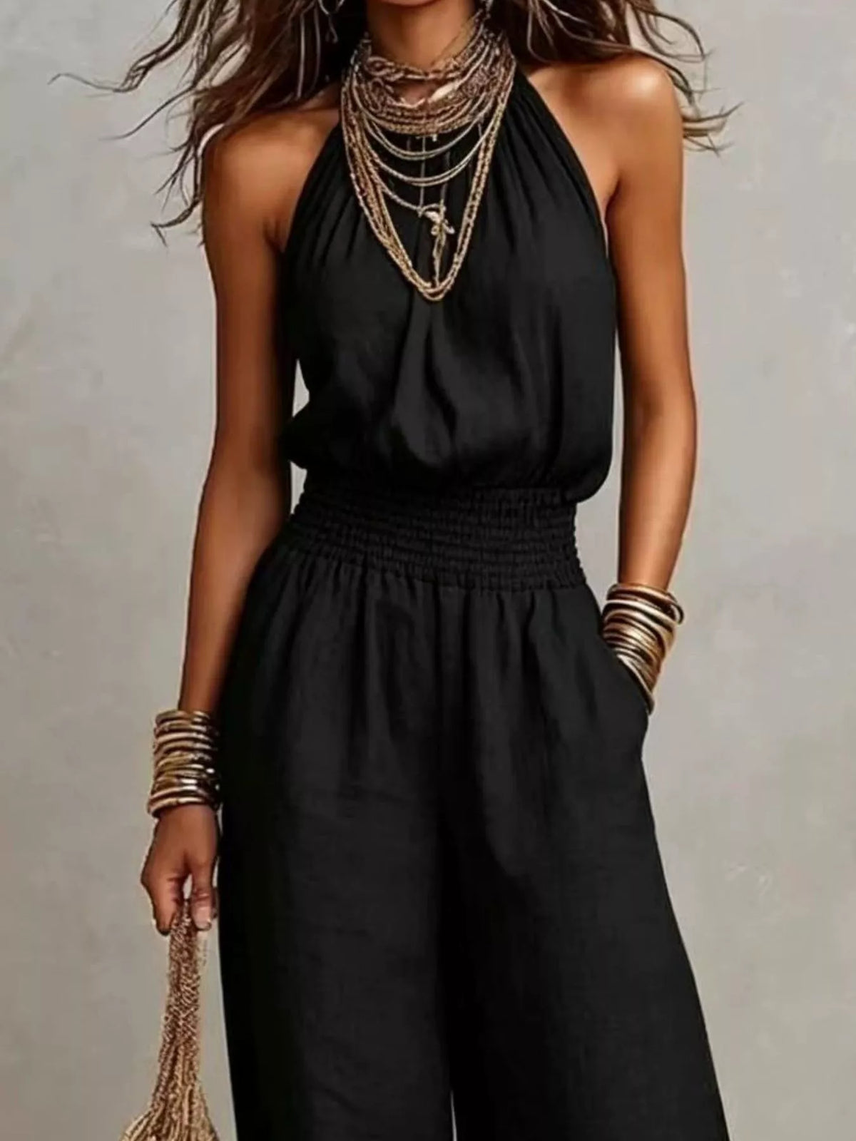 Halter Neck Smocked Wide-Leg Jumpsuit