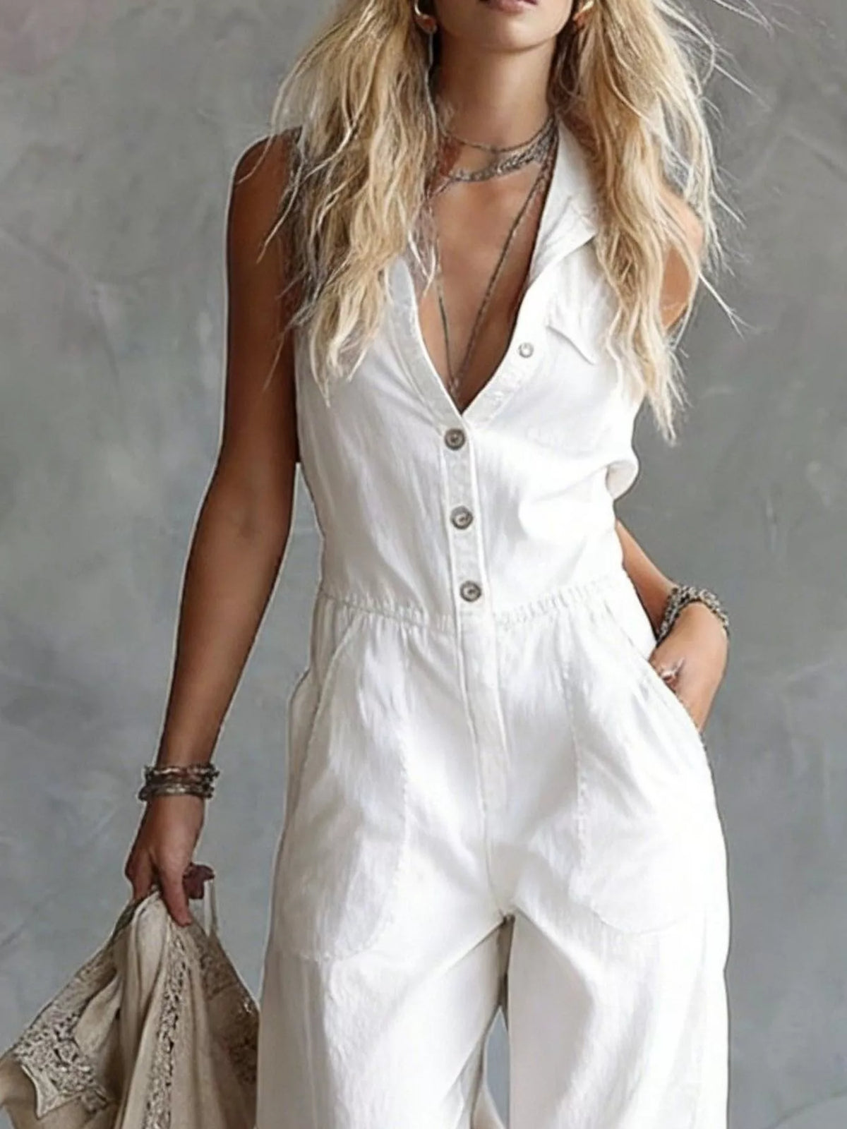 Sleeveless Button-Down Wide-Leg Jumpsuit