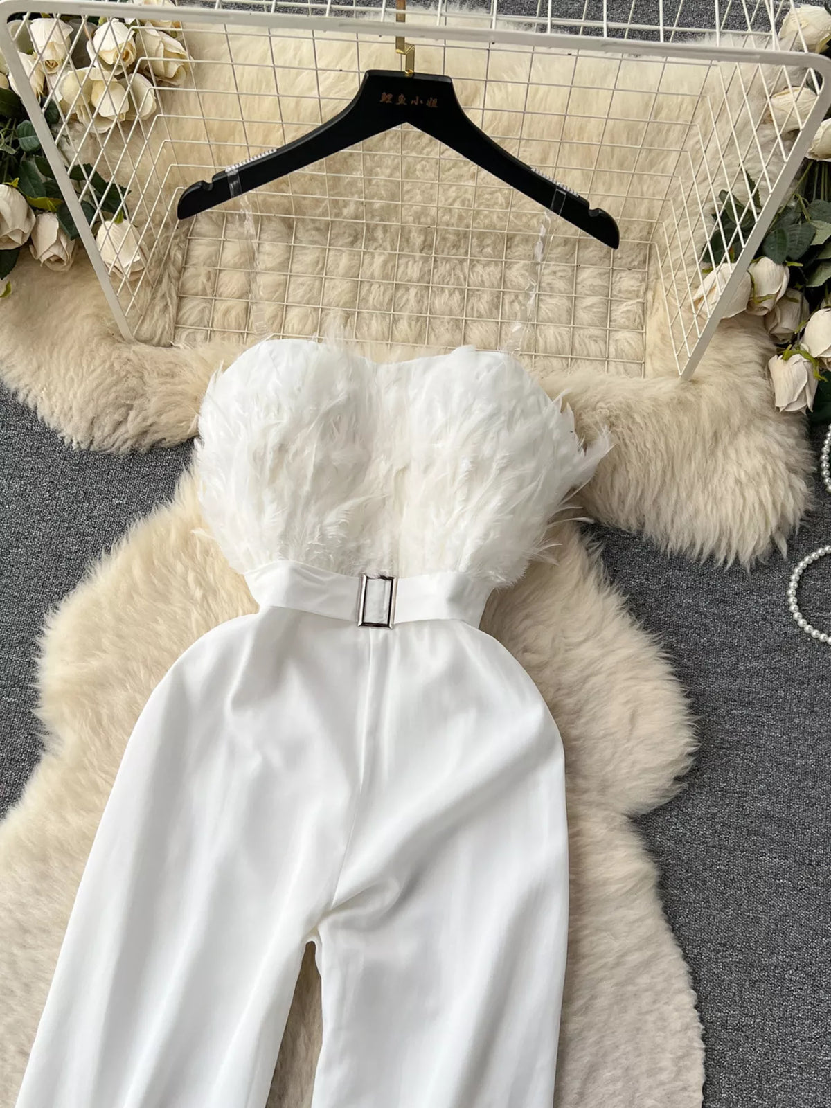 Feather-Trim Strapless Wide Leg Jumpsuit