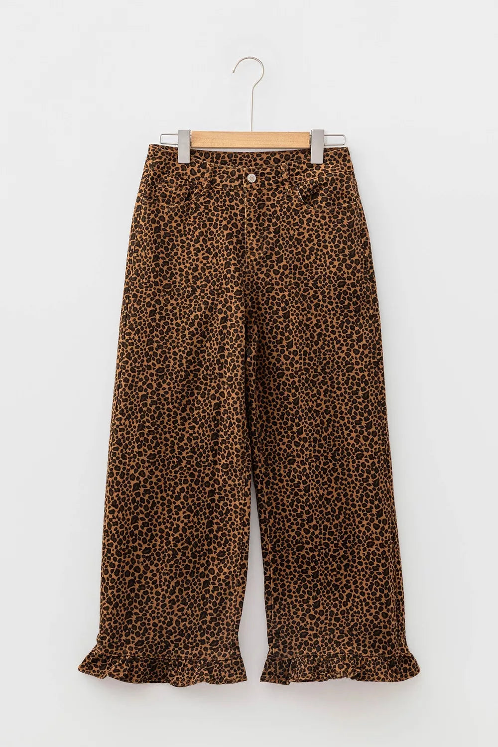 Leopard Print Ruffled Hem Jeans in Dark Brown