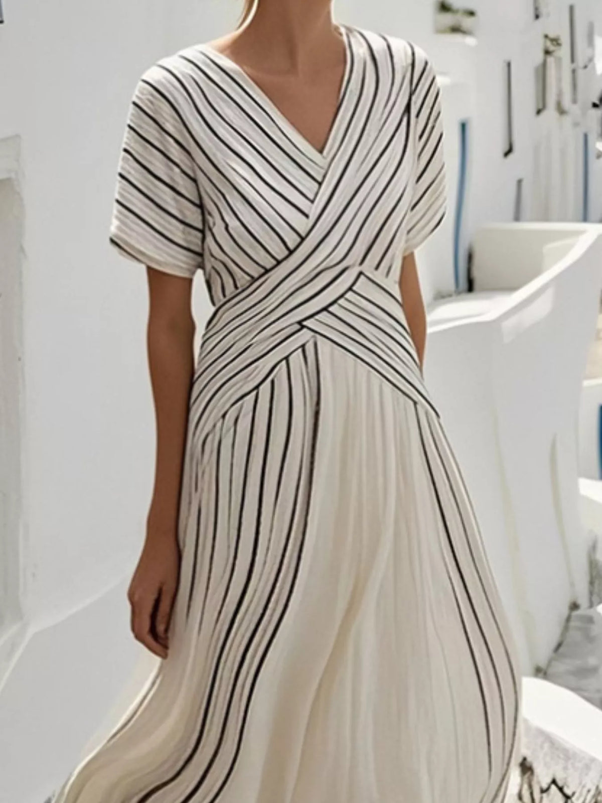 Striped Wrap Maxi Dress in Beige