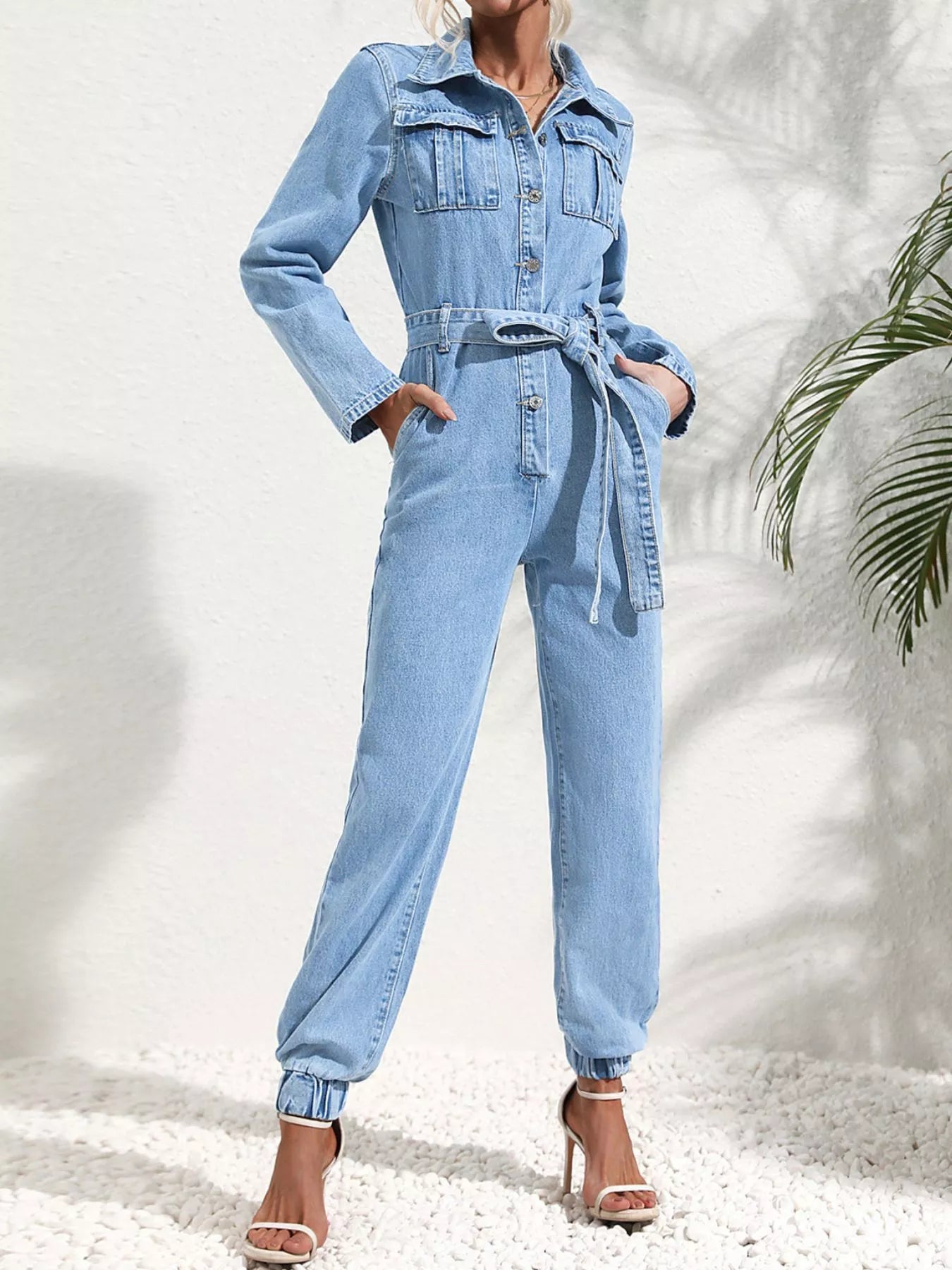 Button Front Belted Denim Jumpsuit in Medium Blue