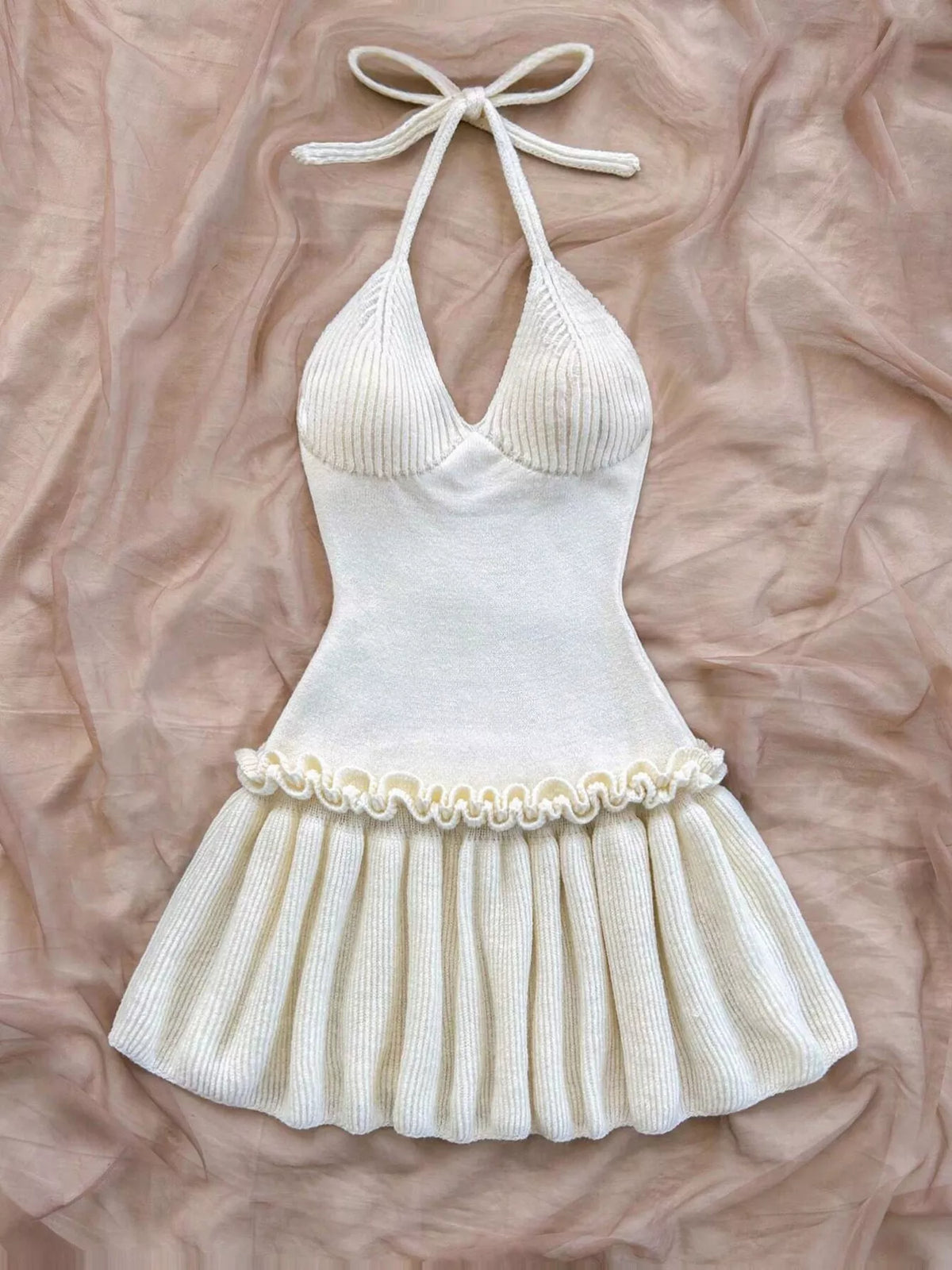 Halter Neck Ruffle Hem Knit Sweater Dress in White