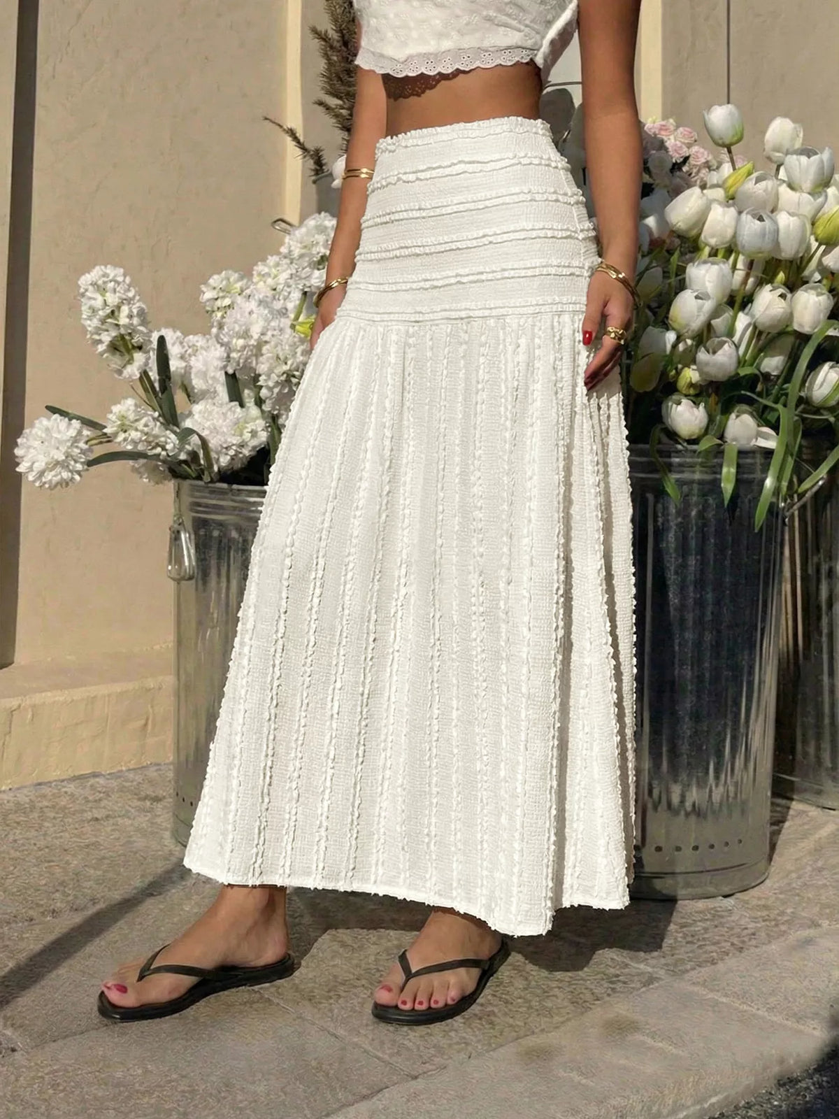 Textured A-Line Midi Skirt in Ivory