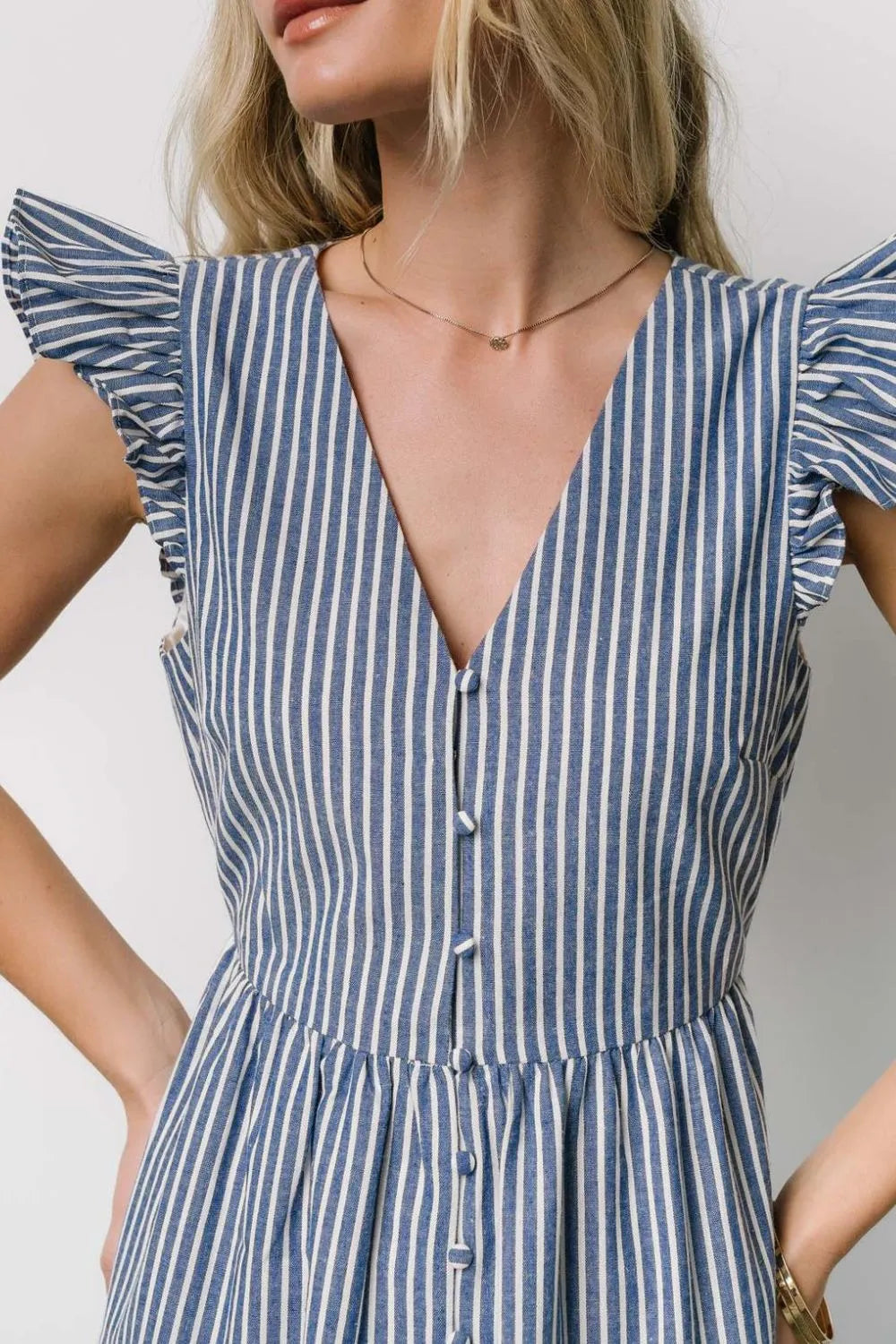 Striped V-Neck Ruffled Cap Sleeve Dress