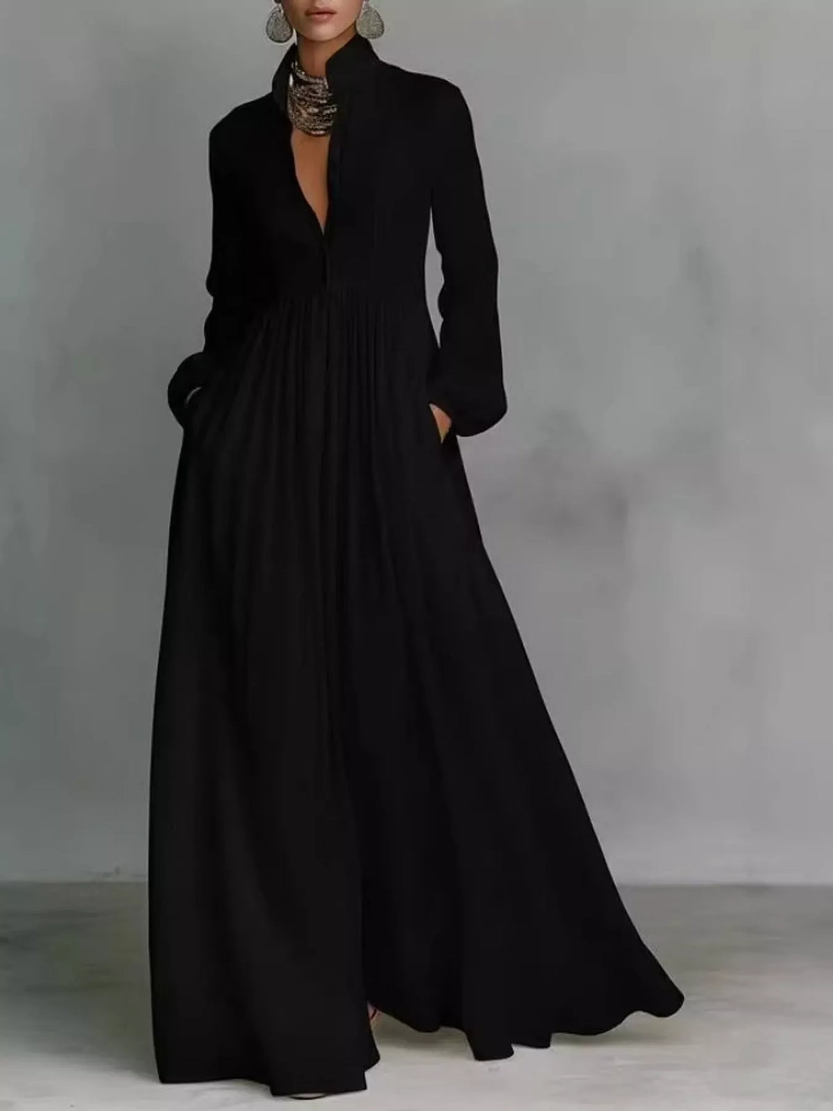 Long-Sleeve Button Front Maxi Dress
