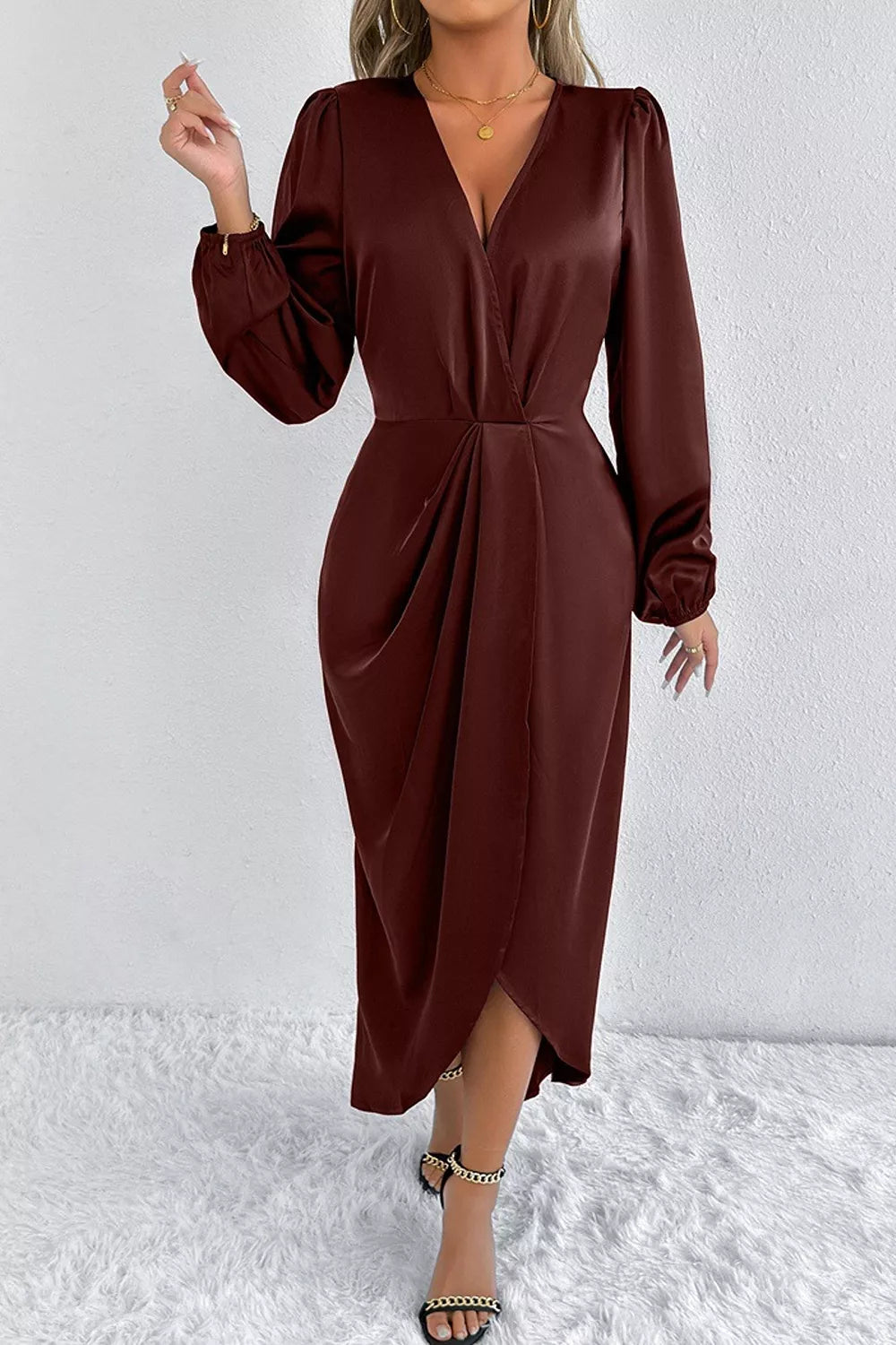 Satin Balloon Sleeve Midi Dress with Side Split