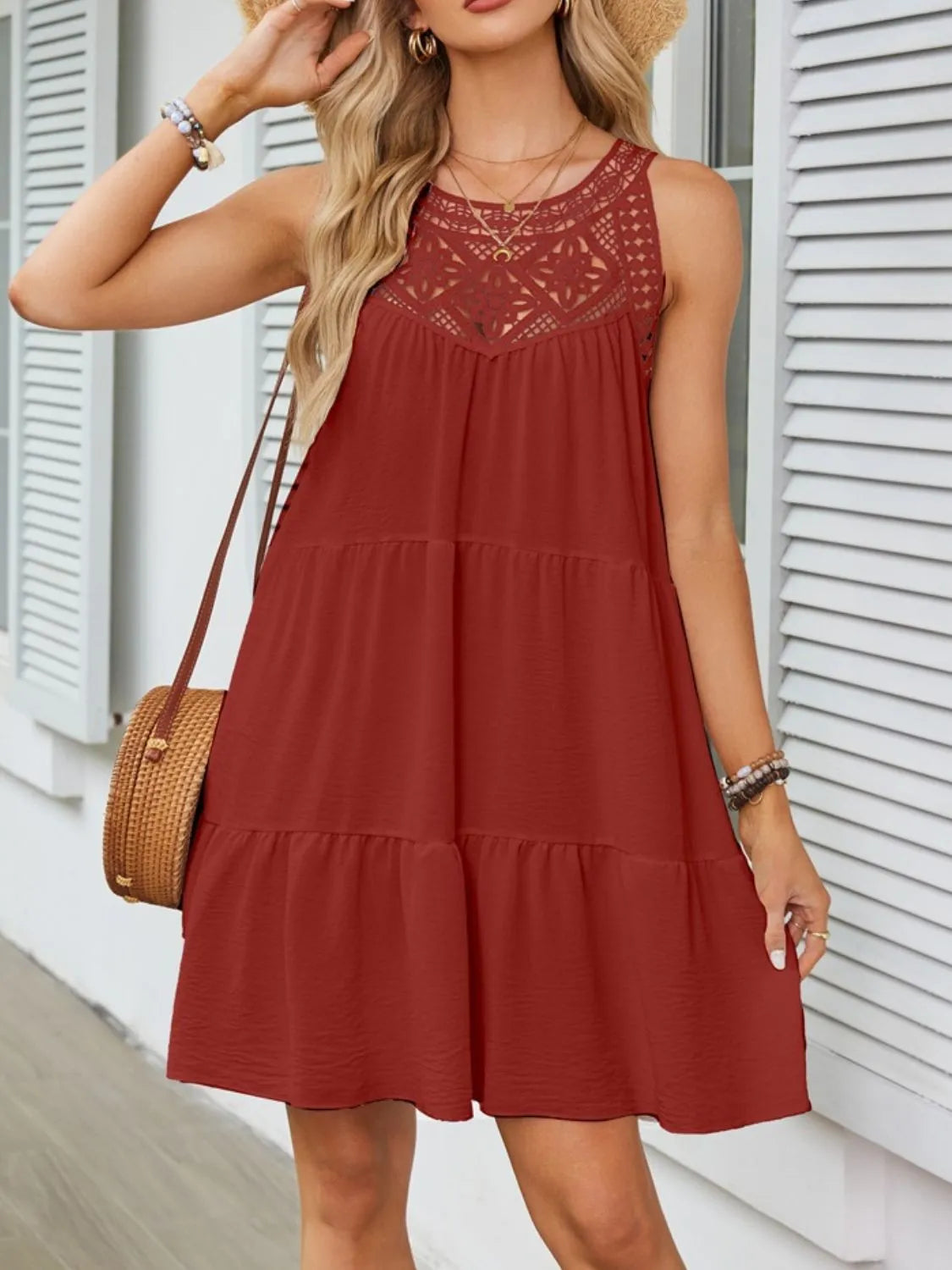 Ruffled Hem Lace Sleeveless Dress by Gen Beauty