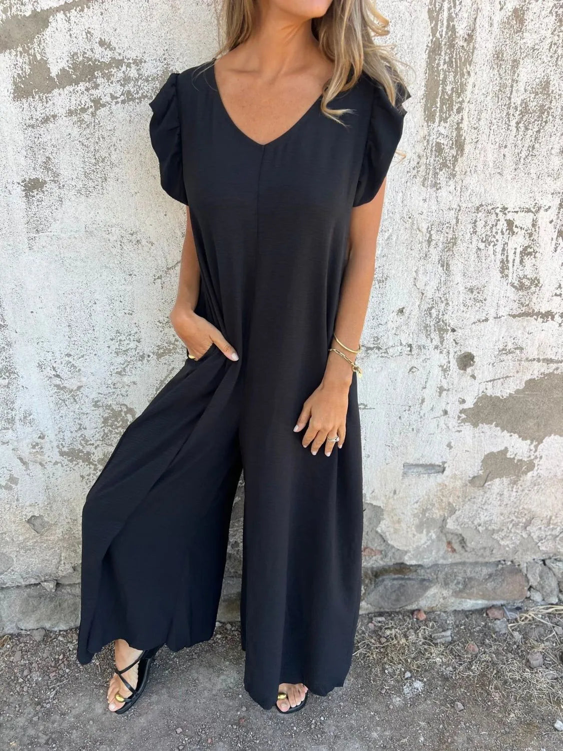 V-Neck Cap Sleeve Wide Leg Jumpsuit