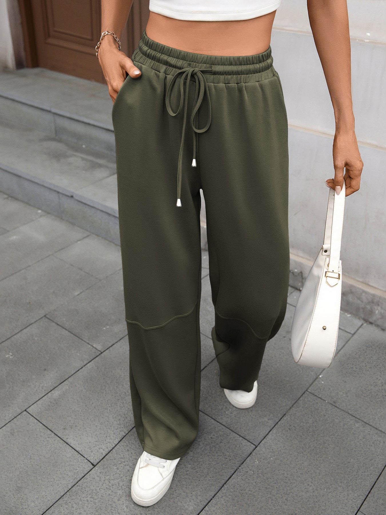 Drawstring High-Waist Wide-Leg Pants