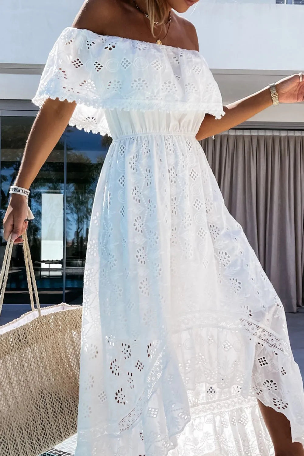 Off-Shoulder Eyelet Lace Maxi Dress in White