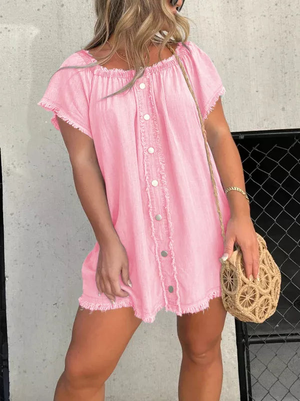 Off-Shoulder Button-Down Frayed Denim Dress