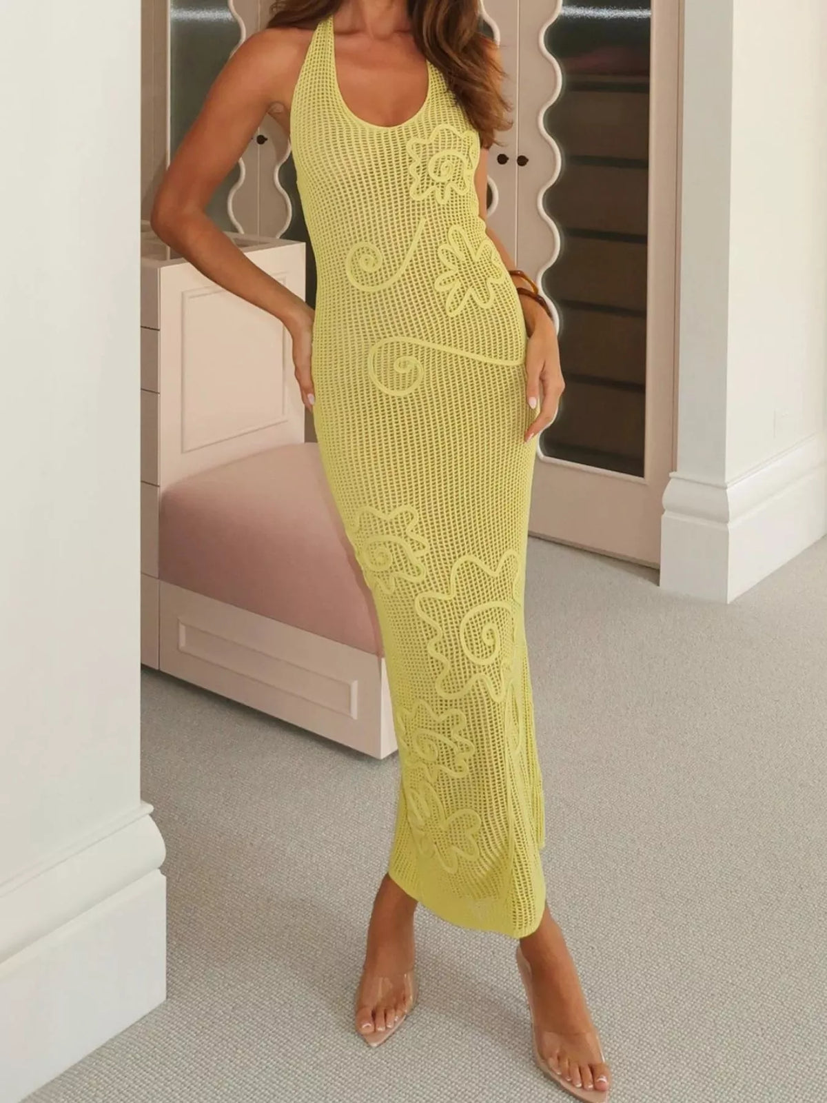 Halter Neck Crochet Maxi Dress by D&J Apparel
