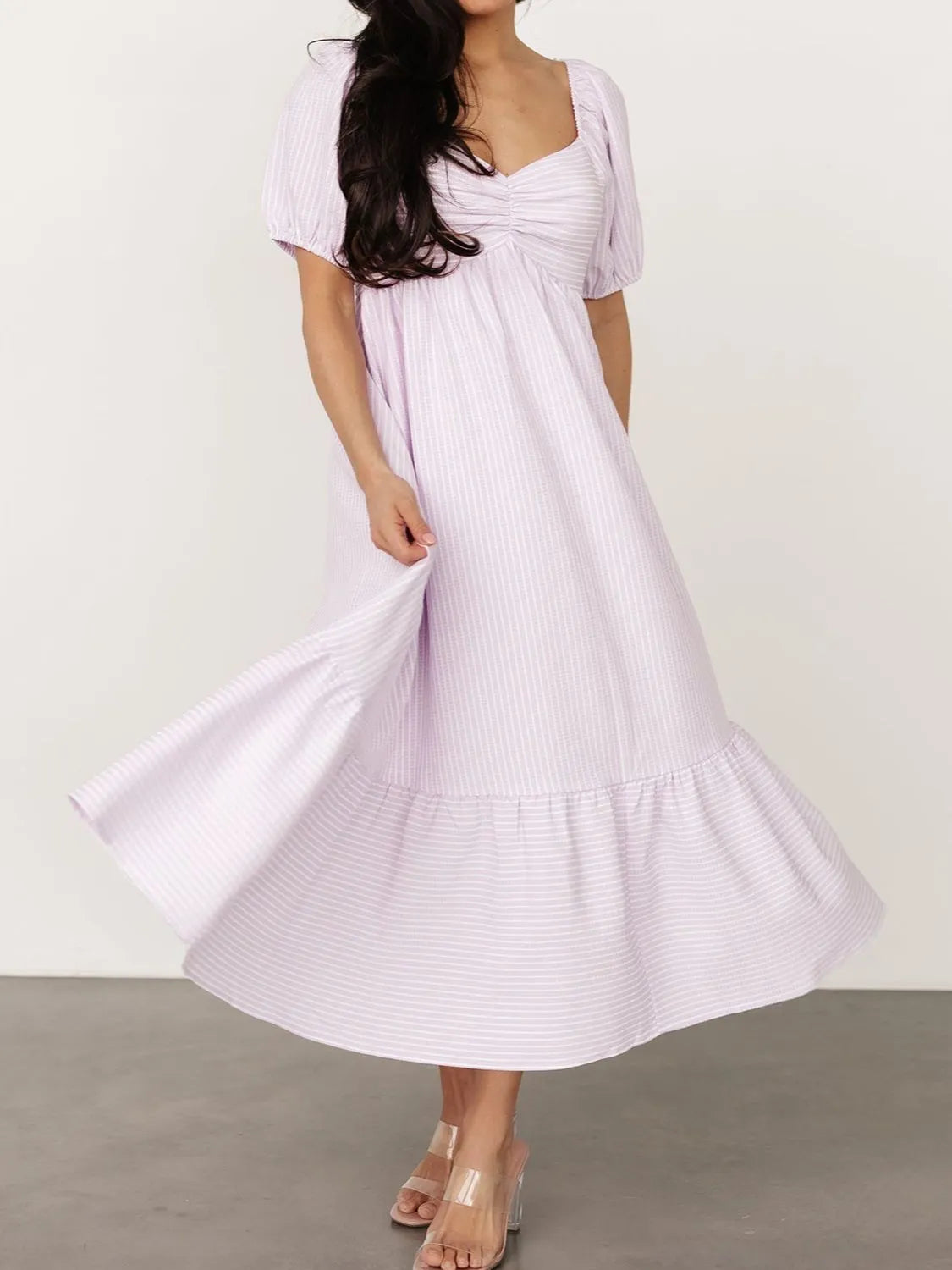 Striped Puff-Sleeve Sweetheart Midi Dress