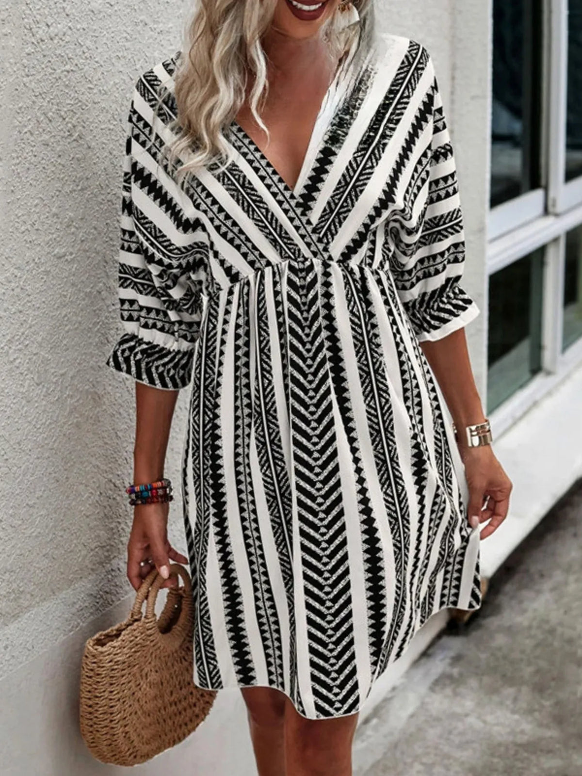 Geometric Print V-Neck Mini Dress in Black by ArtisticExpression