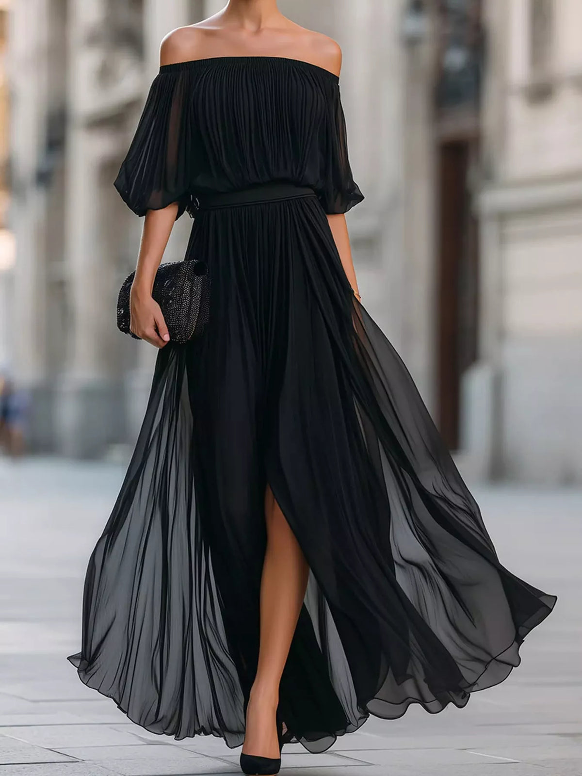 Off-Shoulder Ruched Chiffon Maxi Dress