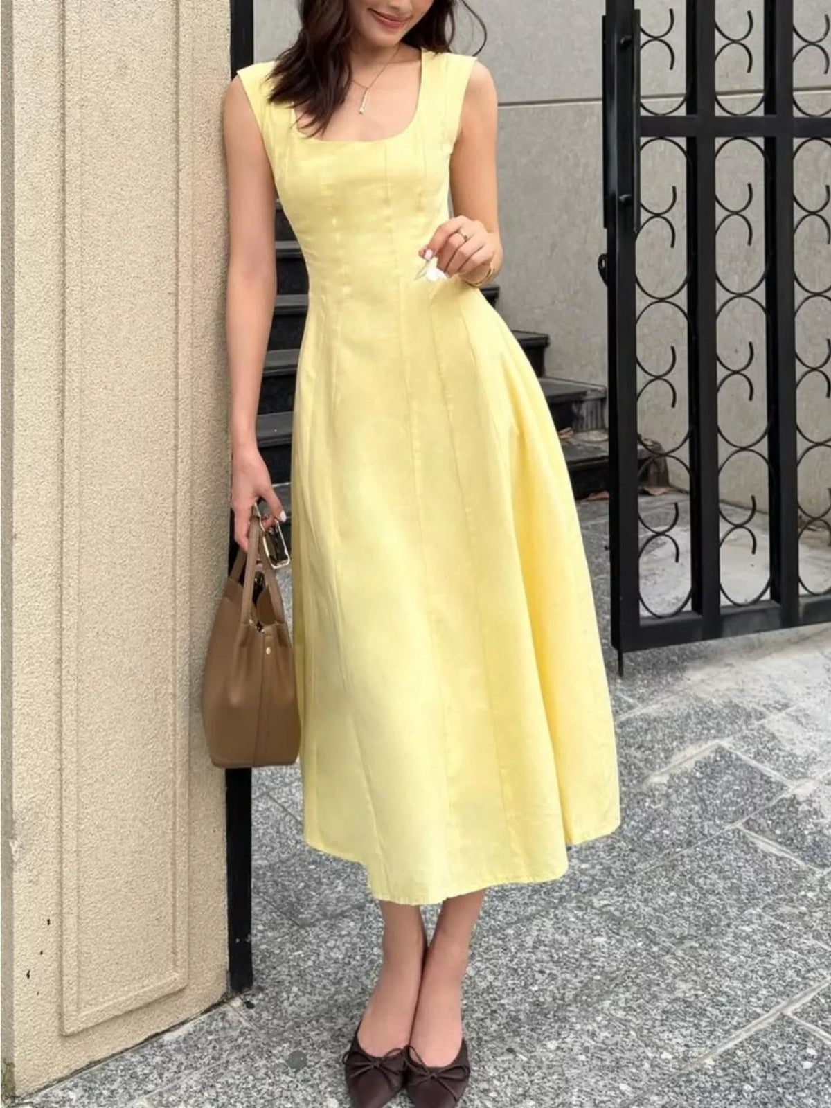 Scoop Neck A-Line Midi Dress in Yellow