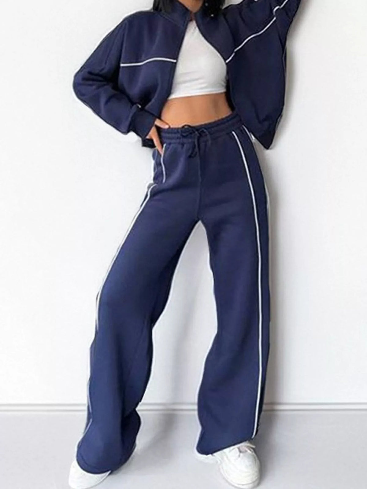 Zip-Up Jacket and Wide-Leg Pants Set in Black