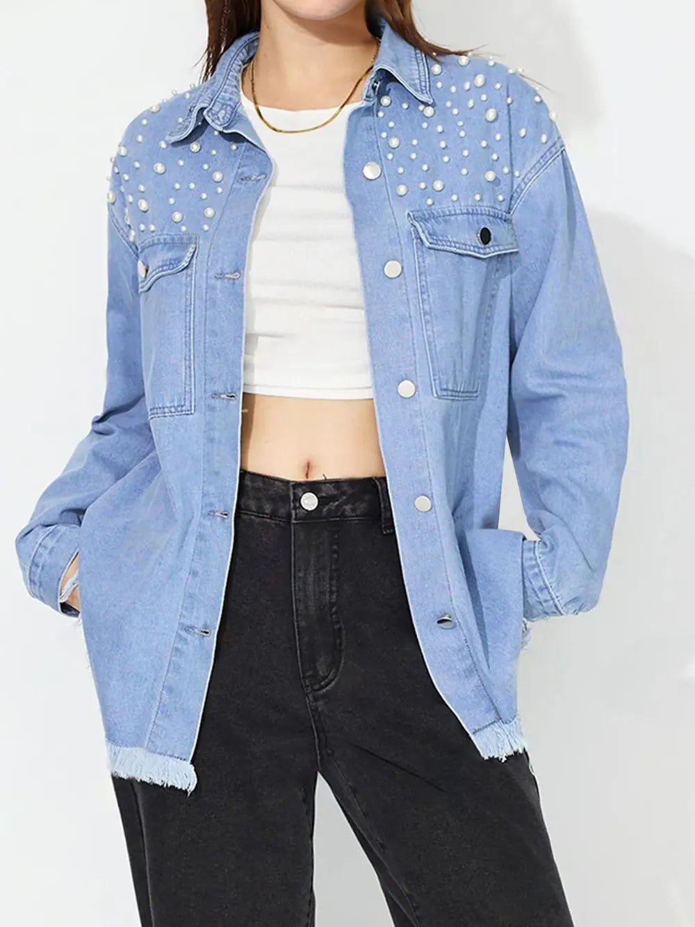 Pearl Trim Collared Denim Top