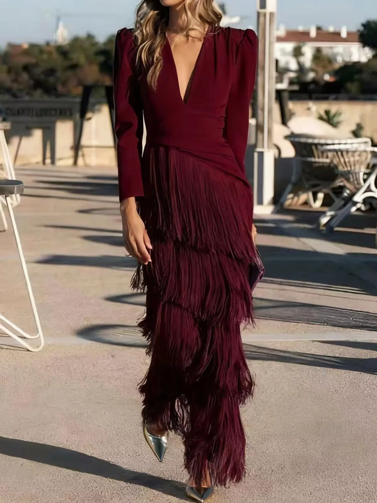Fringed V-Neck Puff Sleeve Maxi Dress