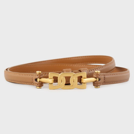 Ilussa Gold Buckle Skinny Leather Belt — Caramel