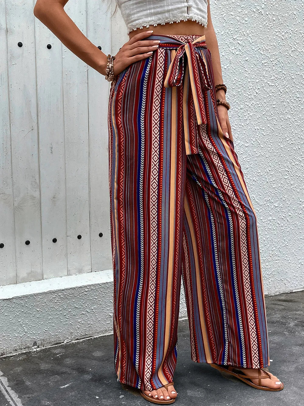 Geometric Tied Wide Leg Pants in Rust