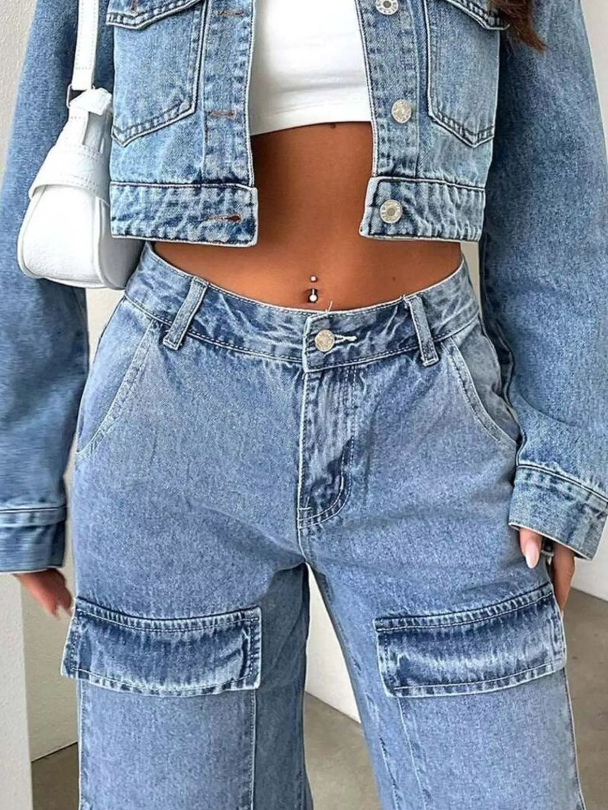 Zip-Front High-Waisted Wide-Leg Cargo Jeans by Dreamy Drapes