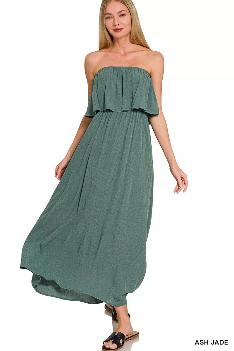 Zenana Crinkle Strapless Maxi Dress in Ash Jade
