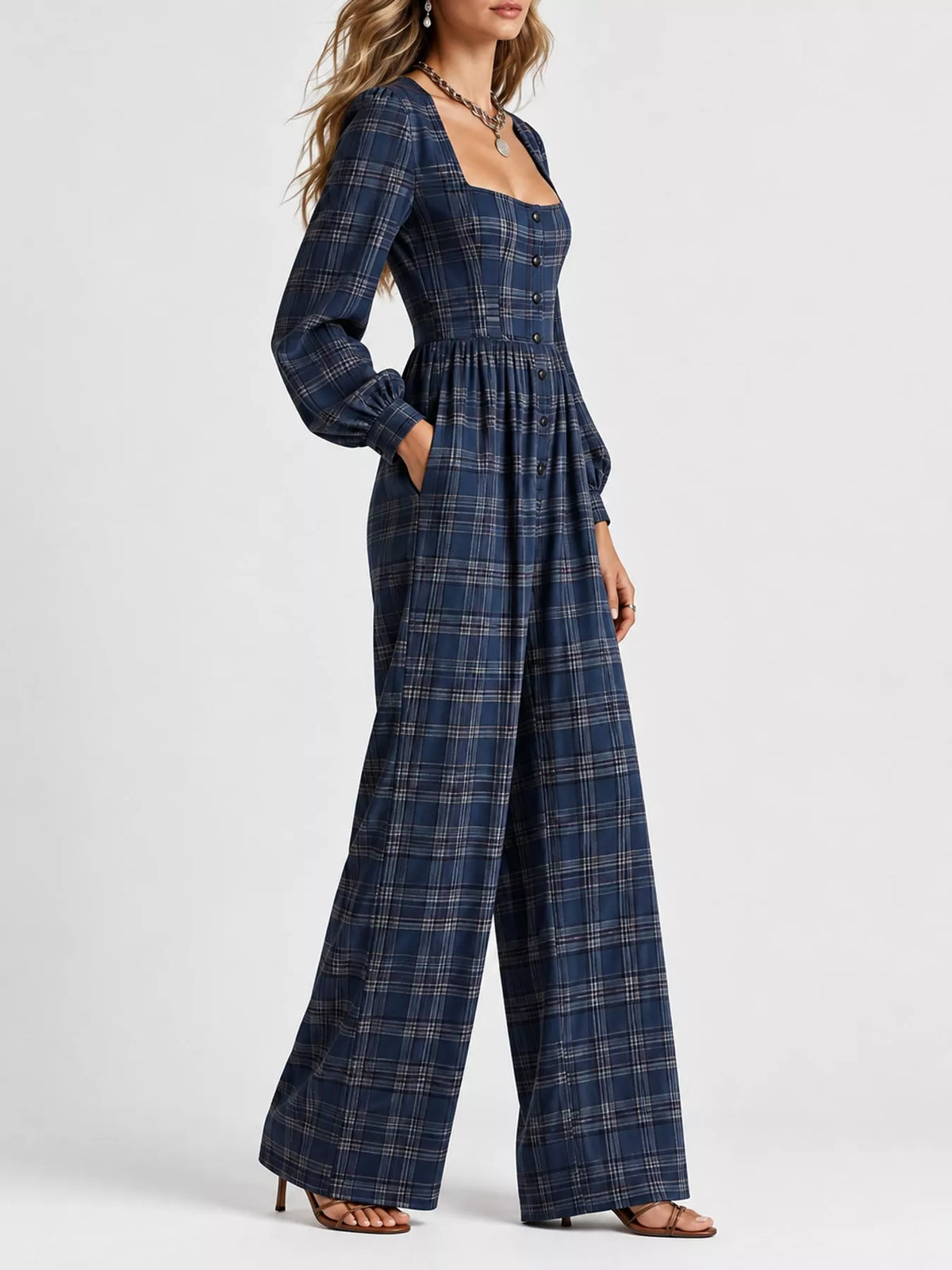 Plaid Square-Neck Wide-Leg Jumpsuit
